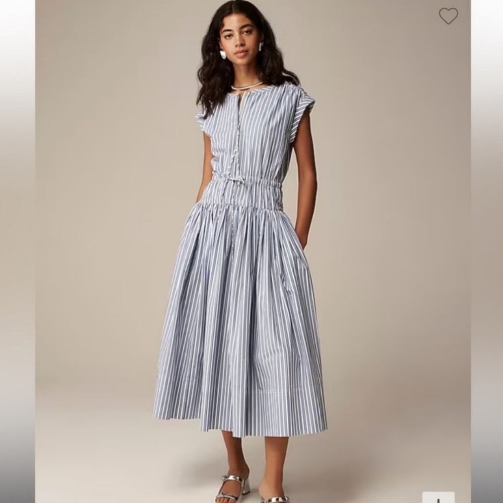 J Crew Drop-waist midi dress in cotton poplin    CA686 Size M NWT Blue White